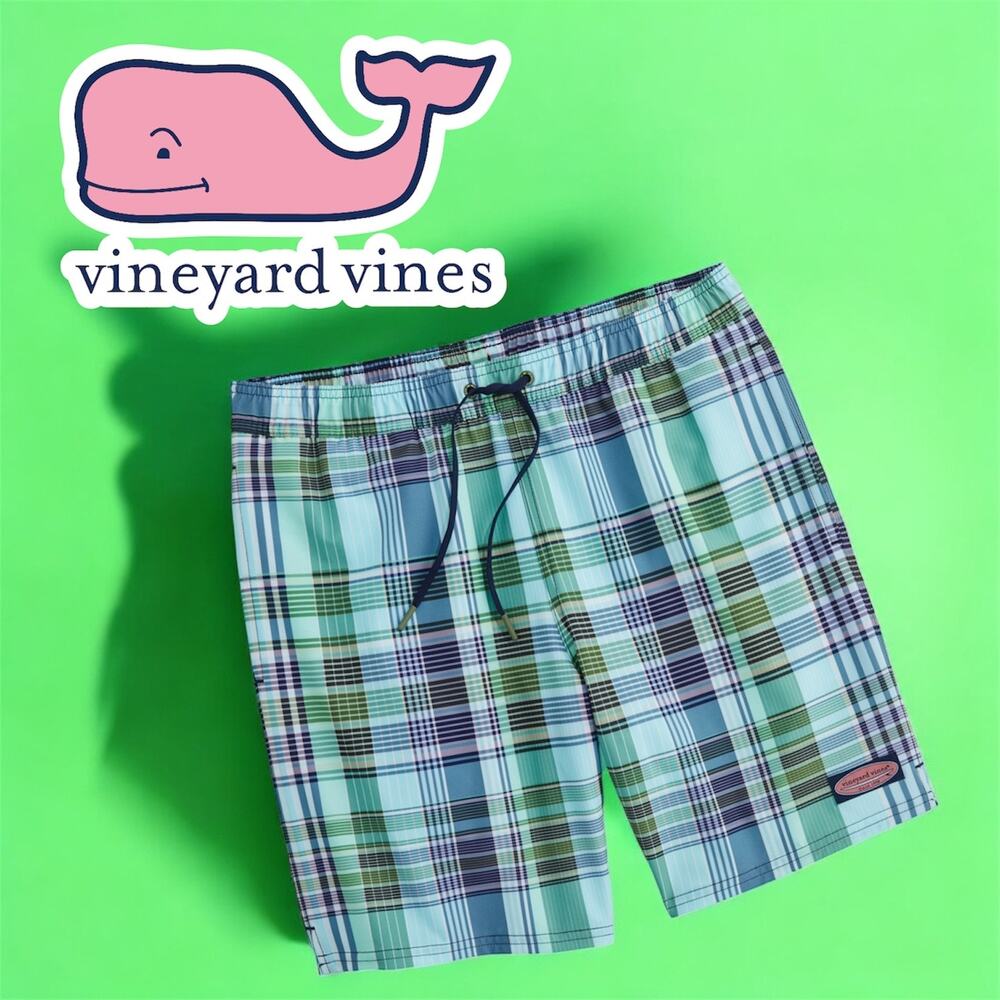 Vineyard Vines Mens Swim Trunks Size Medium Green Navy‎ Plaid Chappy Shorts